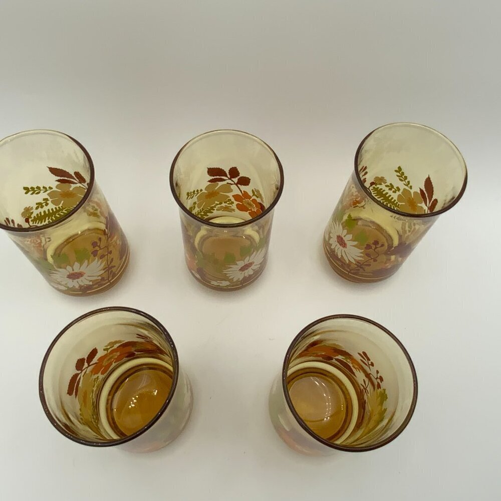 Set of 5 Vintage Libbey Daisy Amber Floral 10oz Glasses 5¼" Tall 1970's - Picture 2 of 6